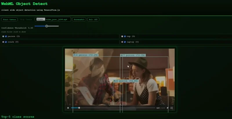 TensorFlow.js detecting people in a video with bounding boxes and confidence scores, alongside threshold and class-filter controls.