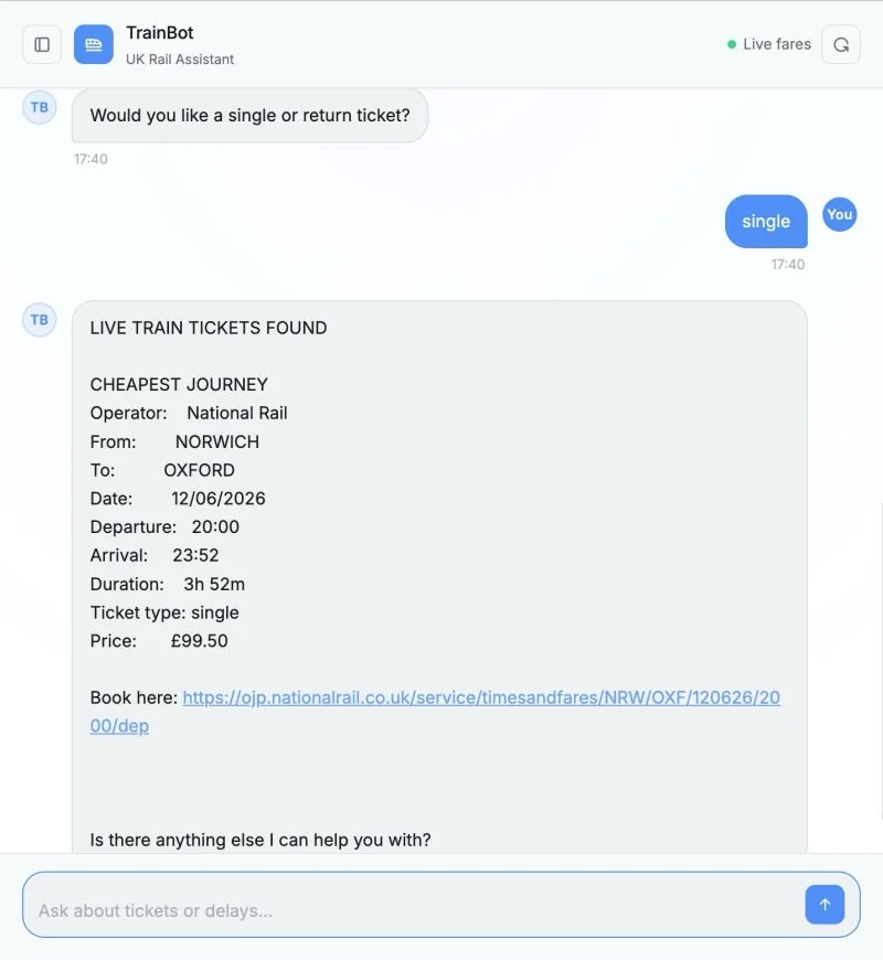 TrainBot displaying a Norwich-to-Oxford journey with departure and arrival times, ticket price and a booking link.