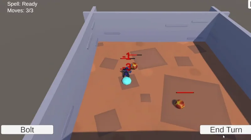 Unity roguelike combat in a dungeon room, showing enemies, damage indicators, remaining moves, and Bolt and End Turn controls.